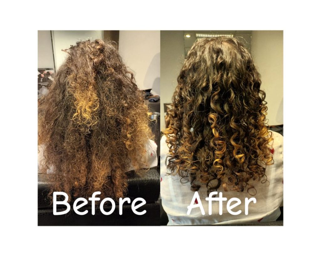 Krullend haar voor en na styling bij Kapsalon Trendline